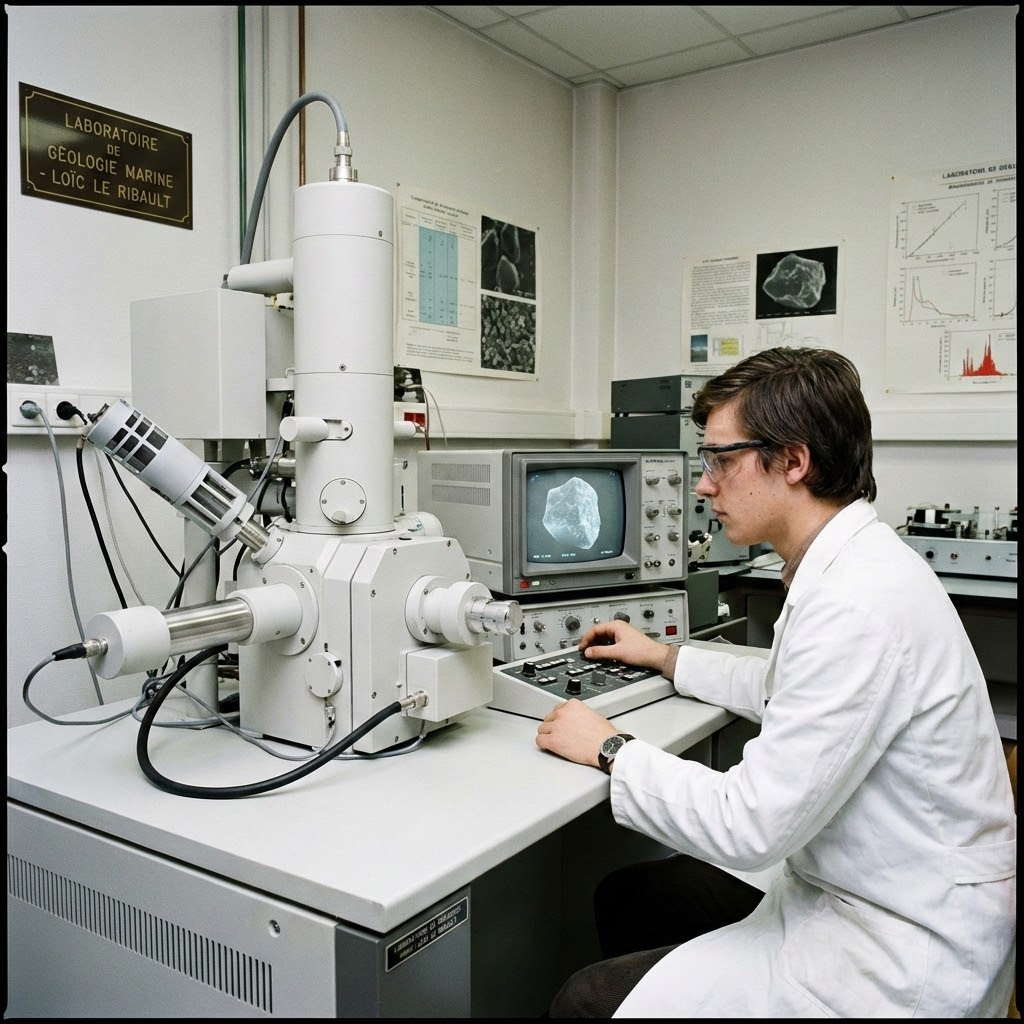 Loïc Le Ribault jeune chercheur utilisant un microscope électronique à balayage haute résolution dans un laboratoire de pointe.